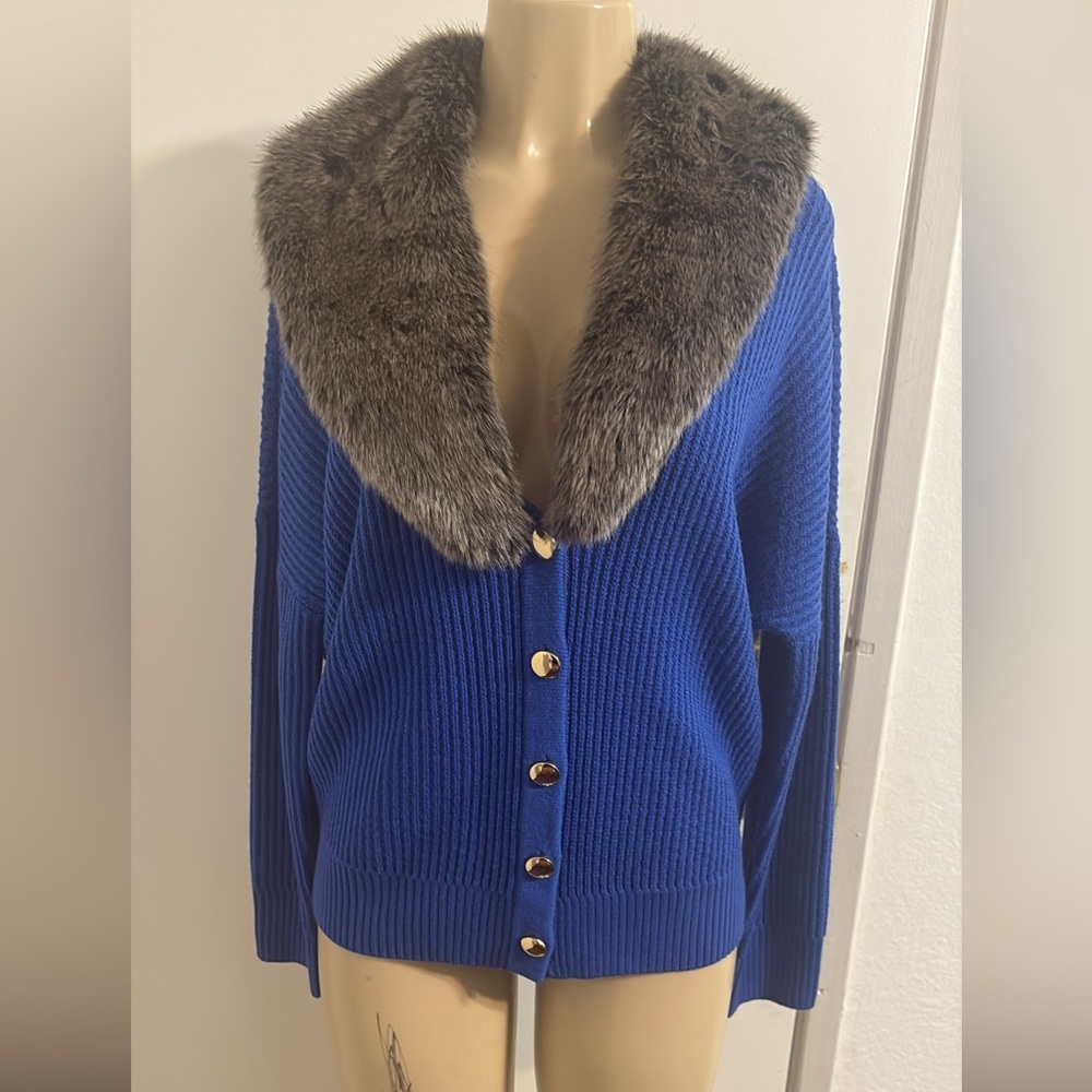 St. John Royal Blue Cardigan with Faux Fur Collar